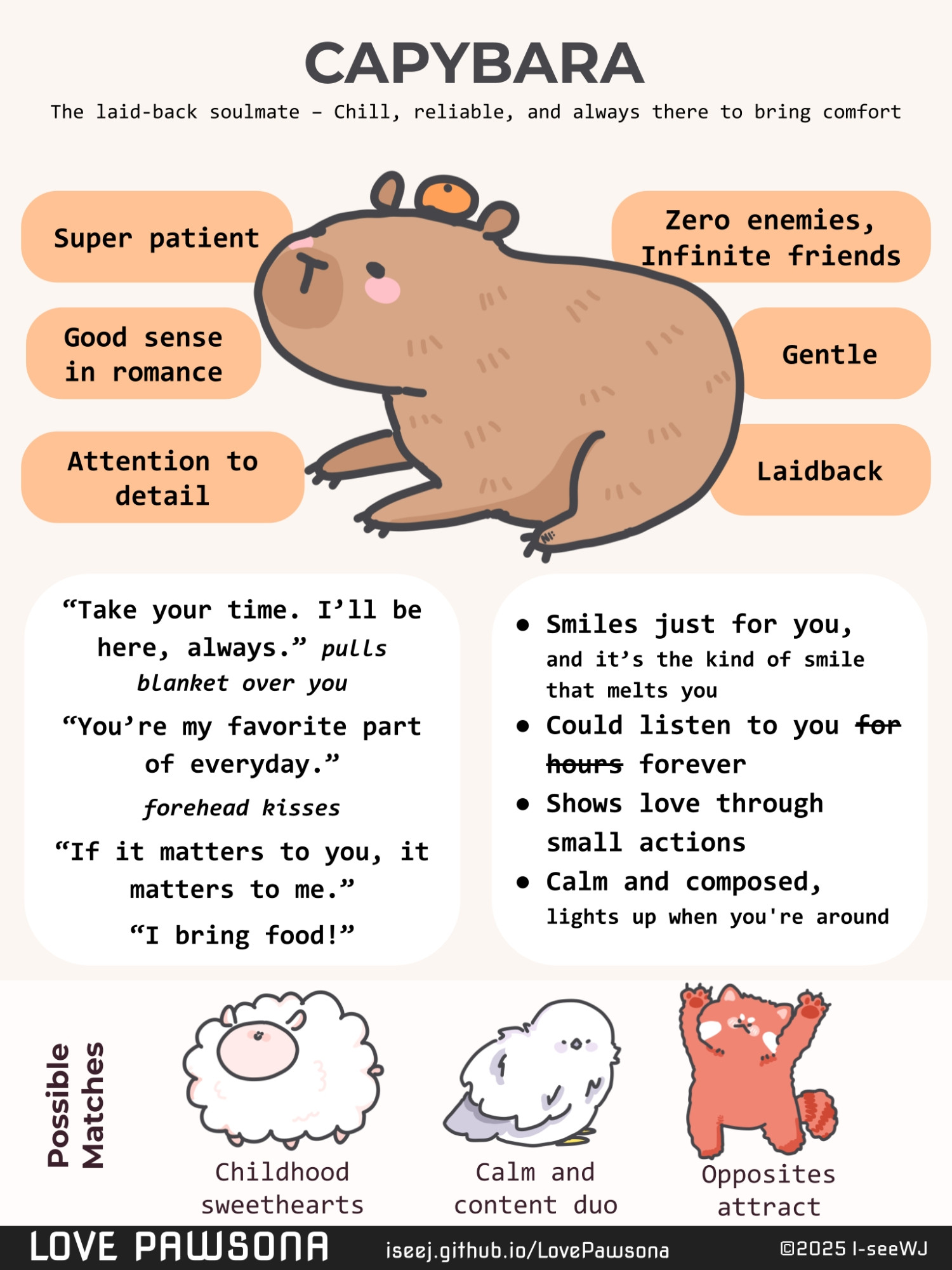 CAPYBARA: The laid-back soulmate - Chill, reliable, and always there to bring comfort